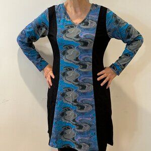 Pockets! Long sleeved A-line dress with 2 pockets; blue marble swirl pattern, S
